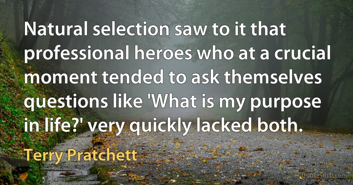 Natural selection saw to it that professional heroes who at a crucial moment tended to ask themselves questions like 'What is my purpose in life?' very quickly lacked both. (Terry Pratchett)