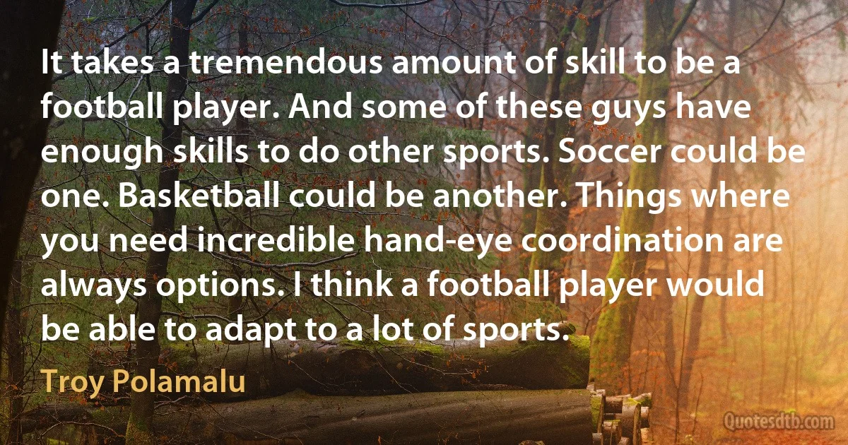 It takes a tremendous amount of skill to be a football player. And some of these guys have enough skills to do other sports. Soccer could be one. Basketball could be another. Things where you need incredible hand-eye coordination are always options. I think a football player would be able to adapt to a lot of sports. (Troy Polamalu)