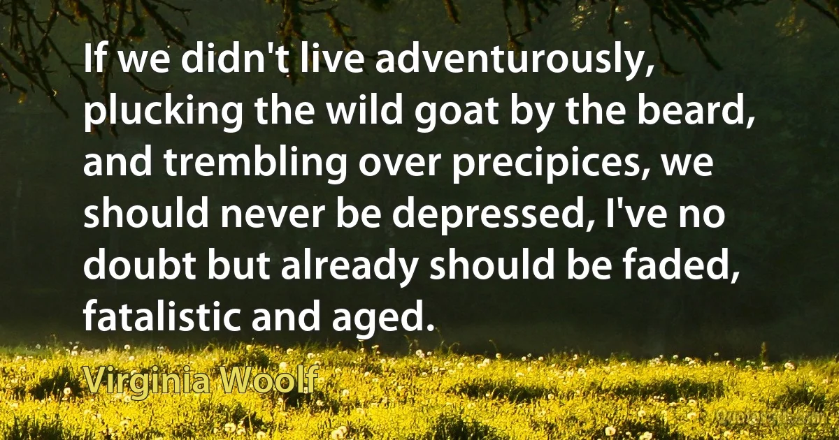 If we didn't live adventurously, plucking the wild goat by the beard, and trembling over precipices, we should never be depressed, I've no doubt but already should be faded, fatalistic and aged. (Virginia Woolf)