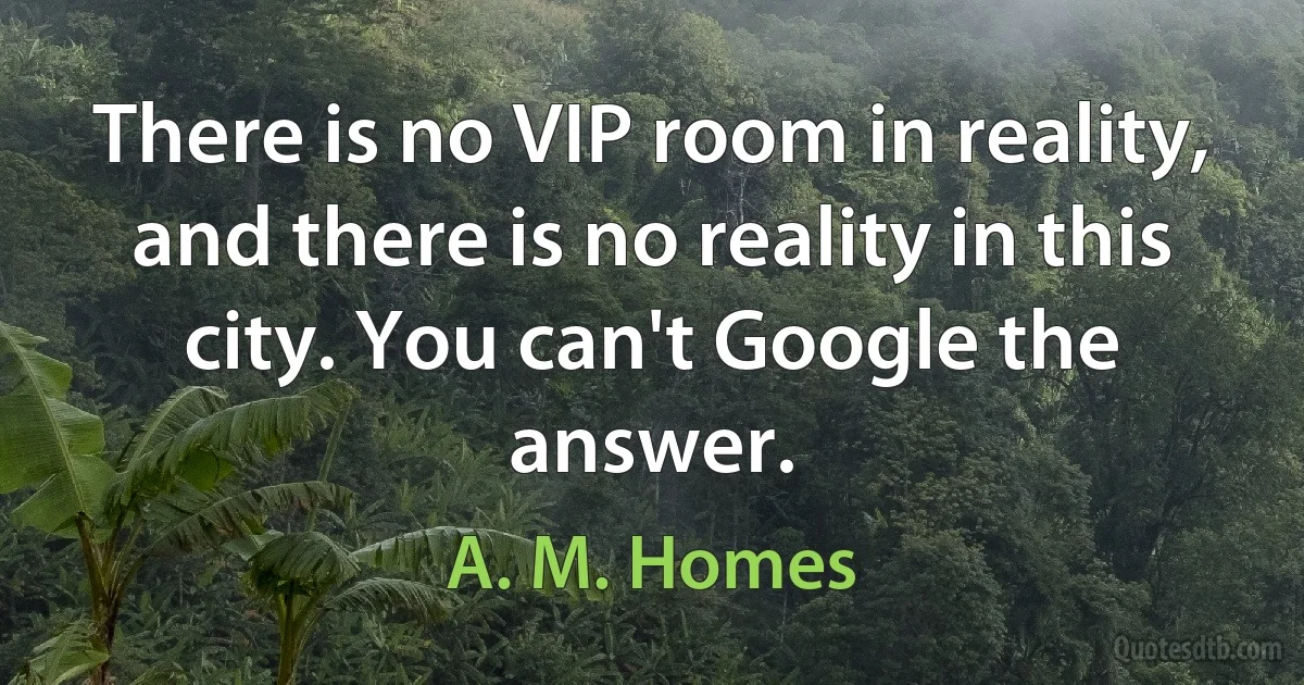 There is no VIP room in reality, and there is no reality in this city. You can't Google the answer. (A. M. Homes)