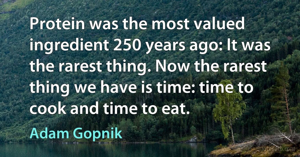 Protein was the most valued ingredient 250 years ago: It was the rarest thing. Now the rarest thing we have is time: time to cook and time to eat. (Adam Gopnik)