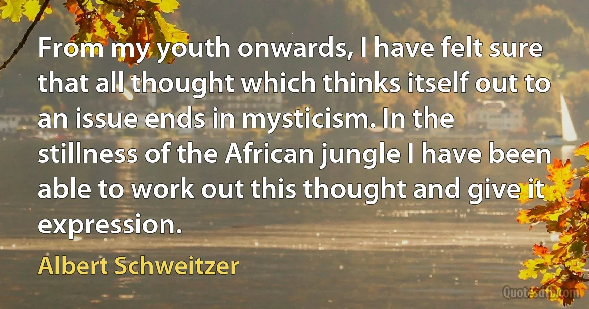 From my youth onwards, I have felt sure that all thought which thinks itself out to an issue ends in mysticism. In the stillness of the African jungle I have been able to work out this thought and give it expression. (Albert Schweitzer)