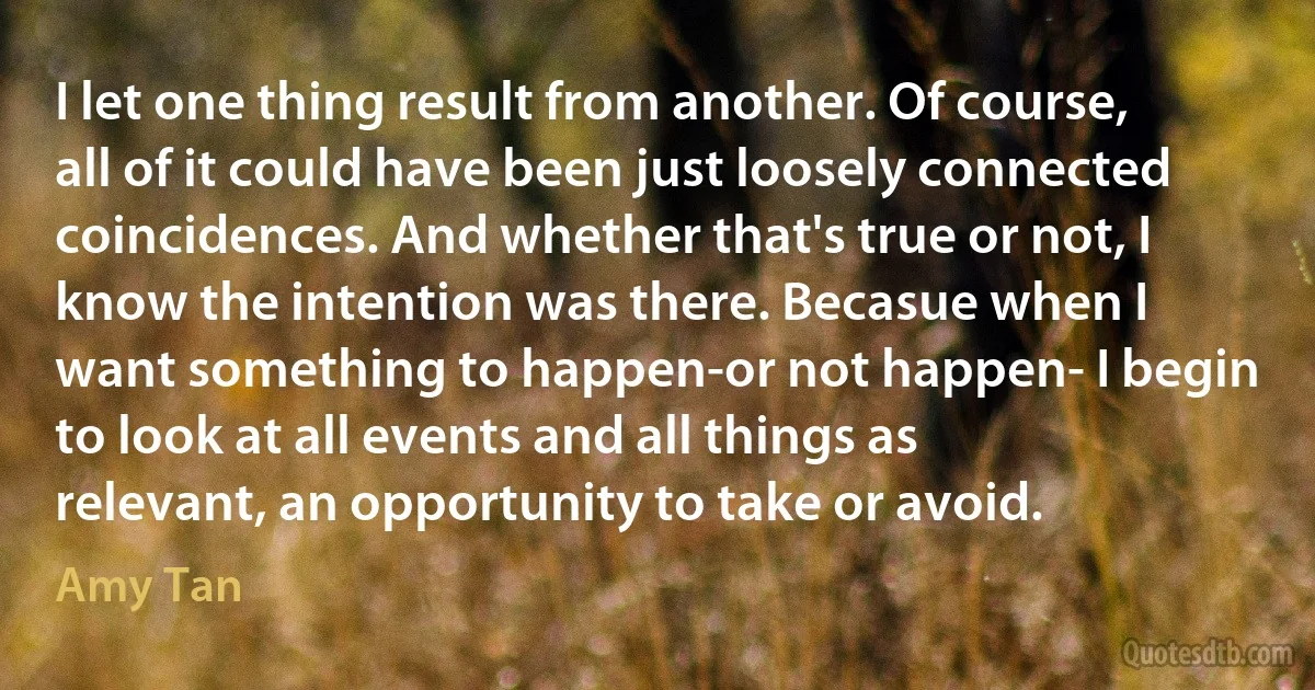 I let one thing result from another. Of course, all of it could have been just loosely connected coincidences. And whether that's true or not, I know the intention was there. Becasue when I want something to happen-or not happen- I begin to look at all events and all things as relevant, an opportunity to take or avoid. (Amy Tan)