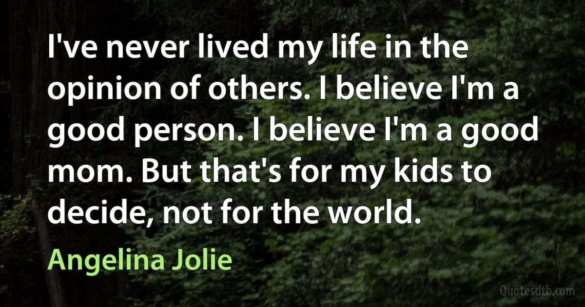 I've never lived my life in the opinion of others. I believe I'm a good person. I believe I'm a good mom. But that's for my kids to decide, not for the world. (Angelina Jolie)