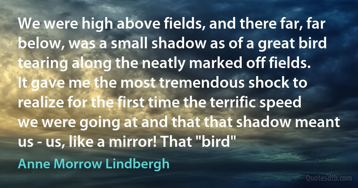 We were high above fields, and there far, far below, was a small shadow as of a great bird tearing along the neatly marked off fields. It gave me the most tremendous shock to realize for the first time the terrific speed we were going at and that that shadow meant us - us, like a mirror! That "bird" (Anne Morrow Lindbergh)