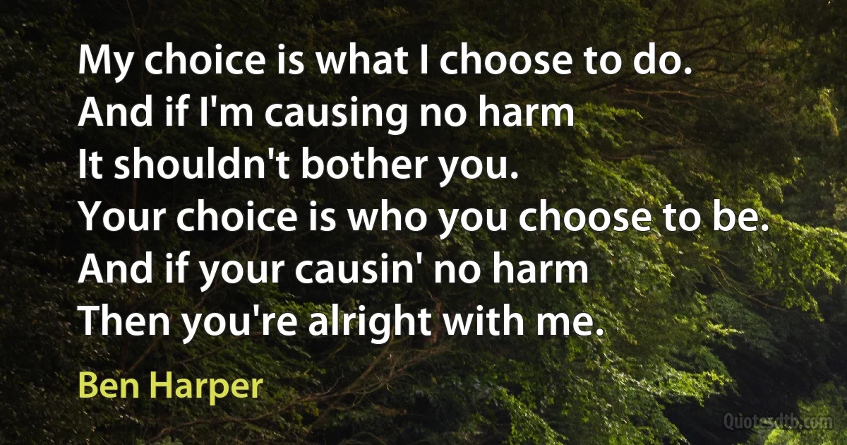 My choice is what I choose to do.
And if I'm causing no harm
It shouldn't bother you.
Your choice is who you choose to be.
And if your causin' no harm
Then you're alright with me. (Ben Harper)