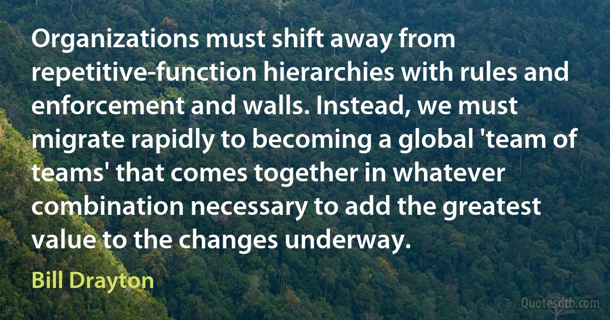 Organizations must shift away from repetitive-function hierarchies with rules and enforcement and walls. Instead, we must migrate rapidly to becoming a global 'team of teams' that comes together in whatever combination necessary to add the greatest value to the changes underway. (Bill Drayton)