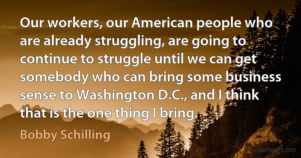 Our workers, our American people who are already struggling, are going to continue to struggle until we can get somebody who can bring some business sense to Washington D.C., and I think that is the one thing I bring. (Bobby Schilling)