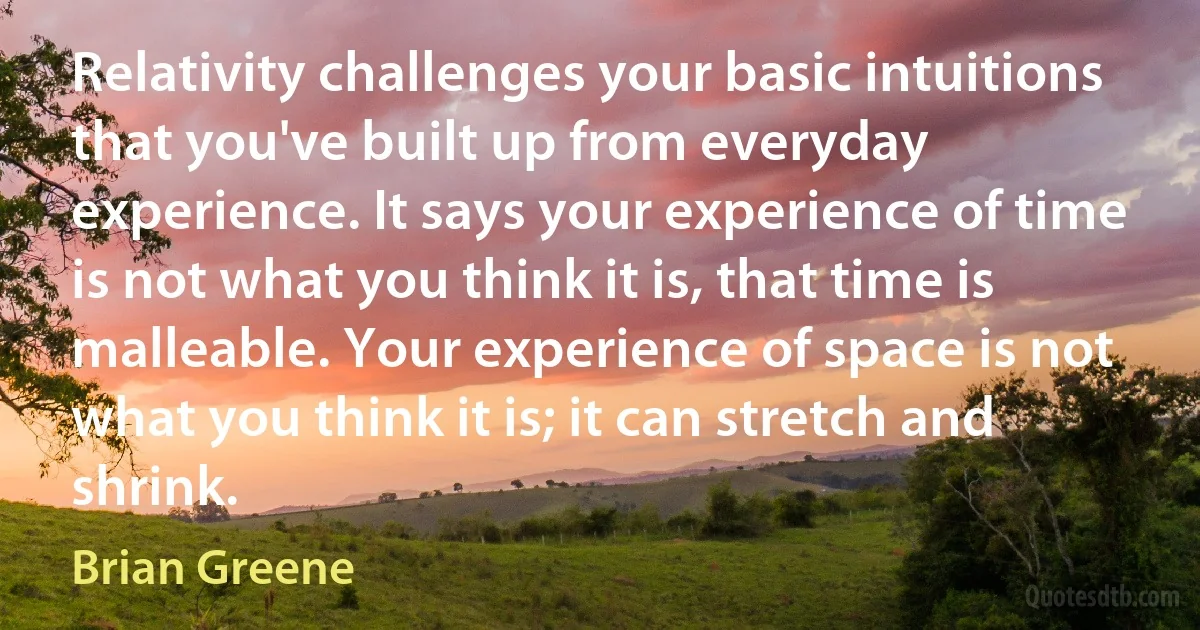 Relativity challenges your basic intuitions that you've built up from everyday experience. It says your experience of time is not what you think it is, that time is malleable. Your experience of space is not what you think it is; it can stretch and shrink. (Brian Greene)