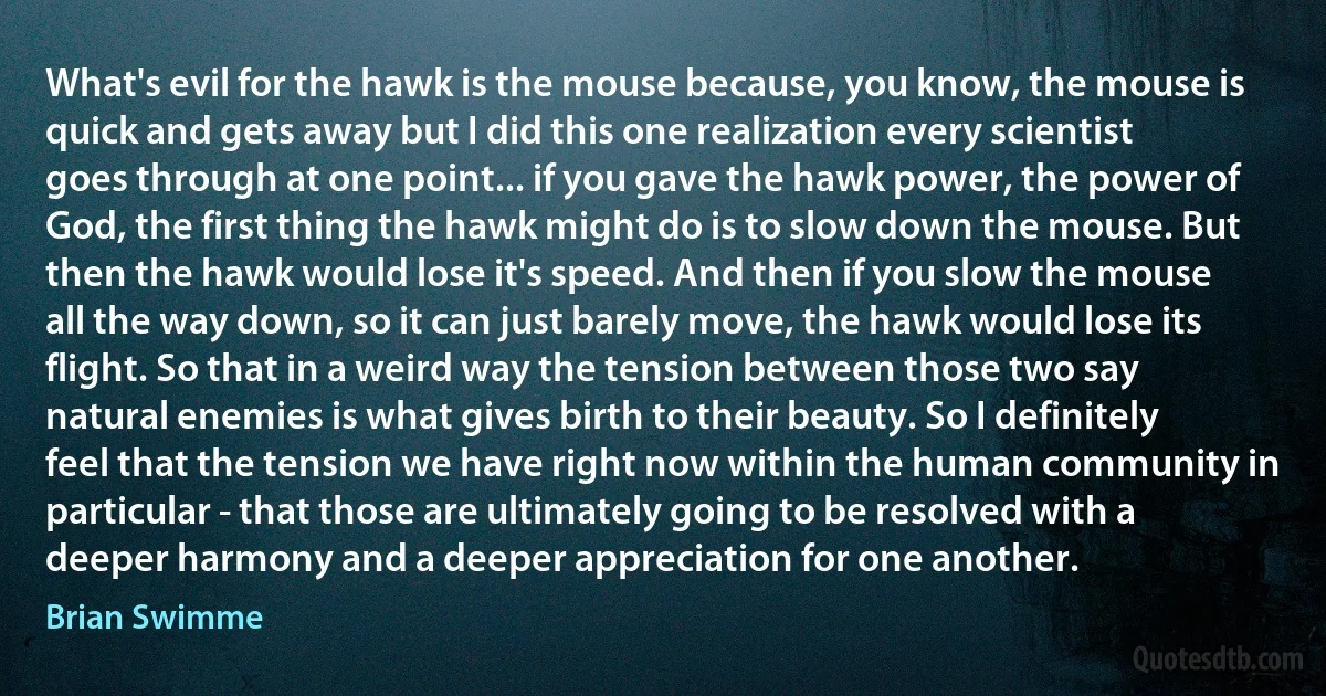 What's evil for the hawk is the mouse because, you know, the mouse is quick and gets away but I did this one realization every scientist goes through at one point... if you gave the hawk power, the power of God, the first thing the hawk might do is to slow down the mouse. But then the hawk would lose it's speed. And then if you slow the mouse all the way down, so it can just barely move, the hawk would lose its flight. So that in a weird way the tension between those two say natural enemies is what gives birth to their beauty. So I definitely feel that the tension we have right now within the human community in particular - that those are ultimately going to be resolved with a deeper harmony and a deeper appreciation for one another. (Brian Swimme)