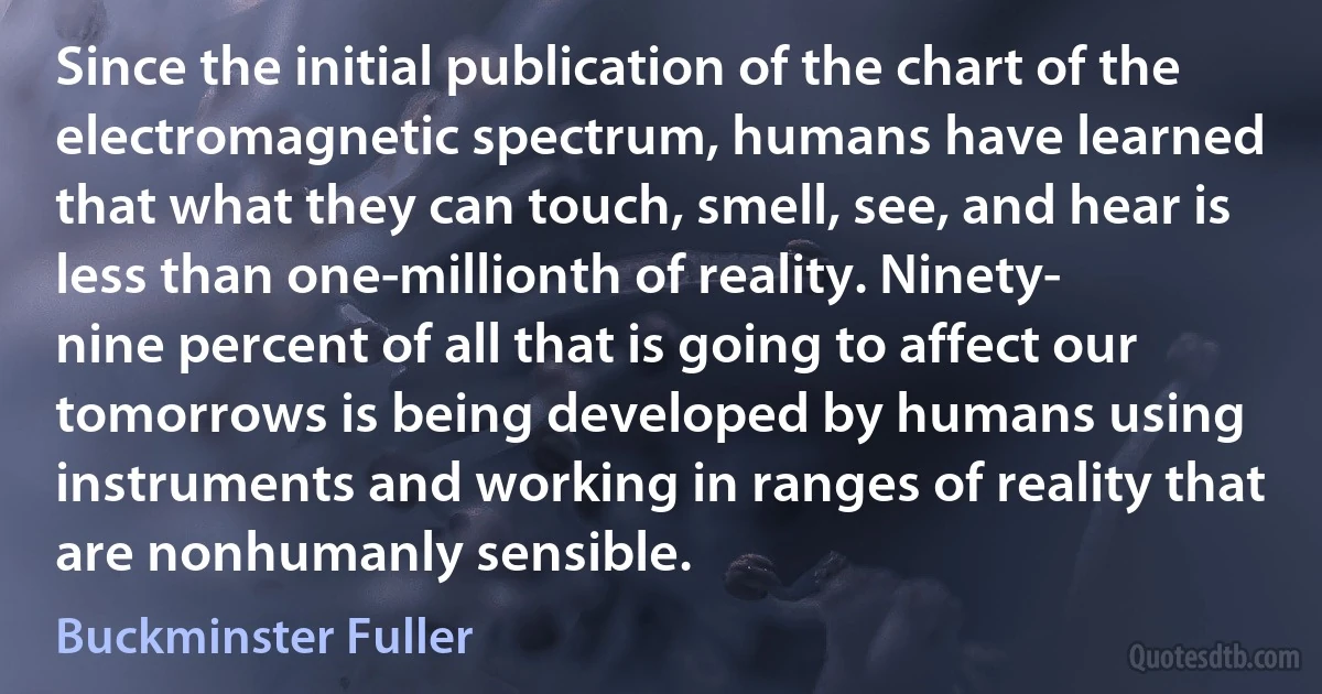 Since the initial publication of the chart of the electromagnetic spectrum, humans have learned that what they can touch, smell, see, and hear is less than one-millionth of reality. Ninety-
nine percent of all that is going to affect our tomorrows is being developed by humans using instruments and working in ranges of reality that are nonhumanly sensible. (Buckminster Fuller)