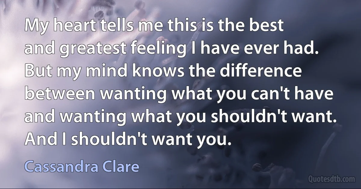 My heart tells me this is the best and greatest feeling I have ever had. But my mind knows the difference between wanting what you can't have and wanting what you shouldn't want. And I shouldn't want you. (Cassandra Clare)