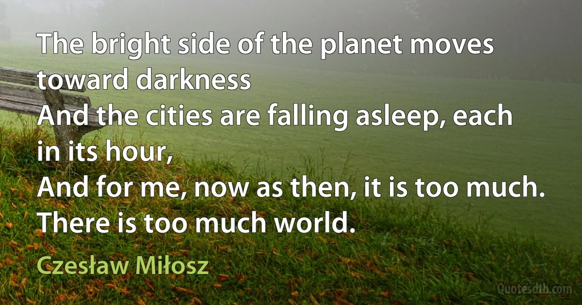 The bright side of the planet moves toward darkness
And the cities are falling asleep, each in its hour,
And for me, now as then, it is too much.
There is too much world. (Czesław Miłosz)