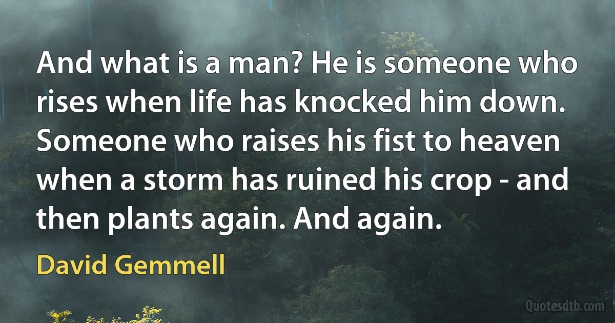 And what is a man? He is someone who rises when life has knocked him down. Someone who raises his fist to heaven when a storm has ruined his crop - and then plants again. And again. (David Gemmell)