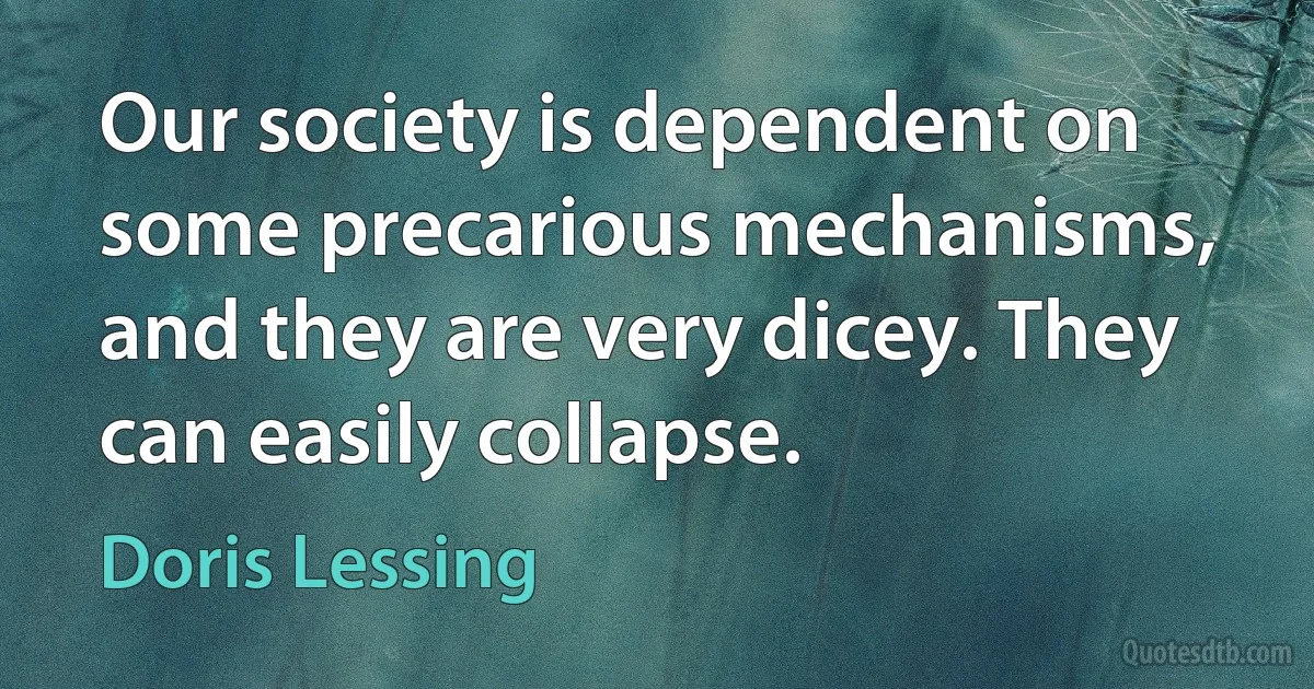 Our society is dependent on some precarious mechanisms, and they are very dicey. They can easily collapse. (Doris Lessing)