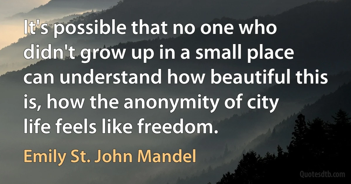 It's possible that no one who didn't grow up in a small place can understand how beautiful this is, how the anonymity of city life feels like freedom. (Emily St. John Mandel)