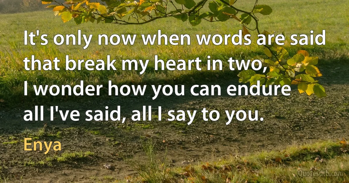 It's only now when words are said
that break my heart in two,
I wonder how you can endure
all I've said, all I say to you. (Enya)