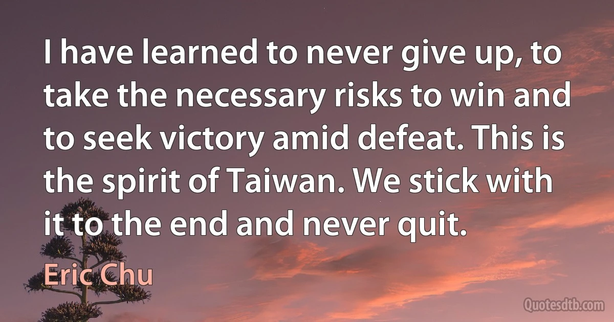 I have learned to never give up, to take the necessary risks to win and to seek victory amid defeat. This is the spirit of Taiwan. We stick with it to the end and never quit. (Eric Chu)