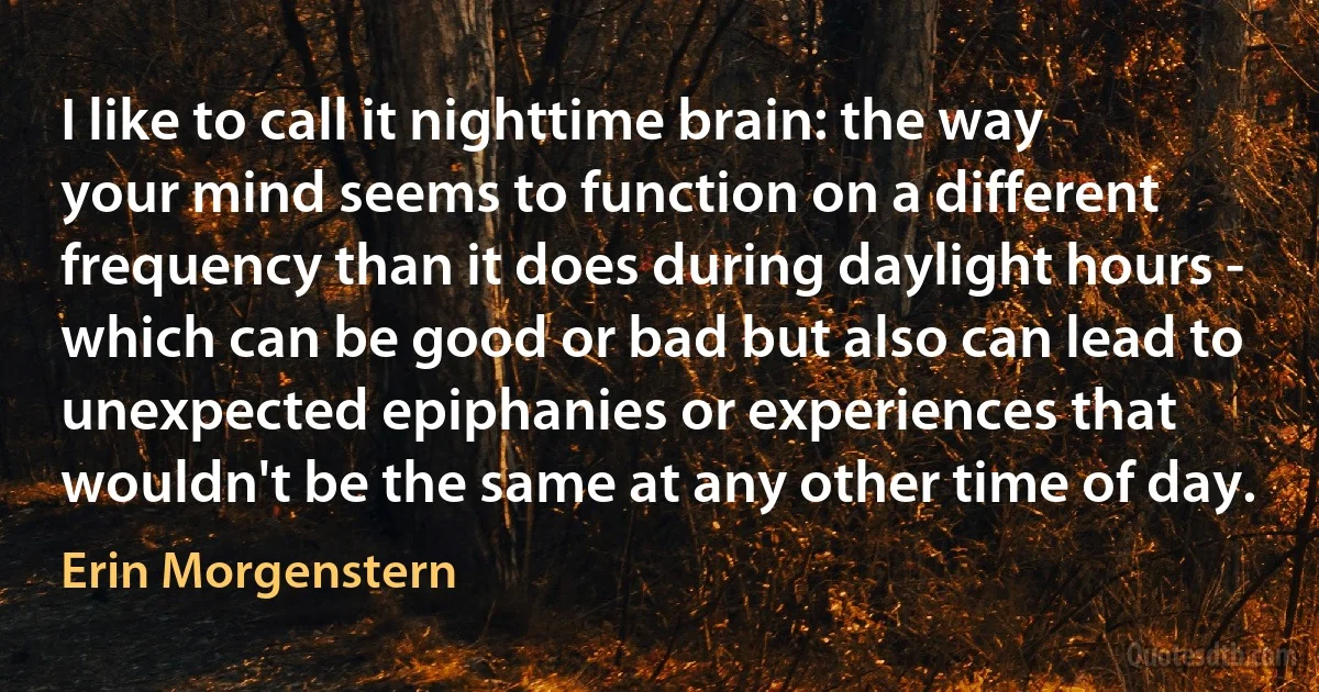 I like to call it nighttime brain: the way your mind seems to function on a different frequency than it does during daylight hours - which can be good or bad but also can lead to unexpected epiphanies or experiences that wouldn't be the same at any other time of day. (Erin Morgenstern)