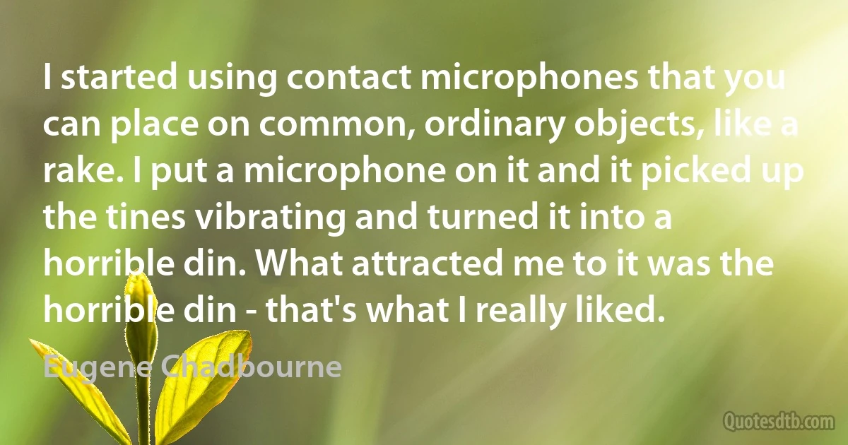 I started using contact microphones that you can place on common, ordinary objects, like a rake. I put a microphone on it and it picked up the tines vibrating and turned it into a horrible din. What attracted me to it was the horrible din - that's what I really liked. (Eugene Chadbourne)