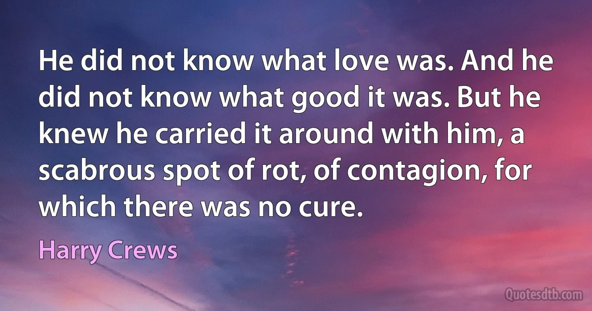 He did not know what love was. And he did not know what good it was. But he knew he carried it around with him, a scabrous spot of rot, of contagion, for which there was no cure. (Harry Crews)