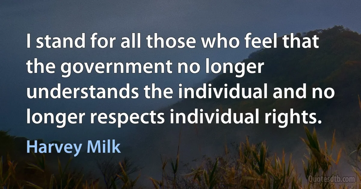 I stand for all those who feel that the government no longer understands the individual and no longer respects individual rights. (Harvey Milk)