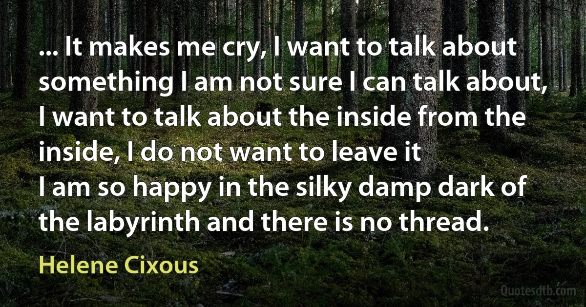 ... It makes me cry, I want to talk about something I am not sure I can talk about, I want to talk about the inside from the inside, I do not want to leave it
I am so happy in the silky damp dark of the labyrinth and there is no thread. (Helene Cixous)