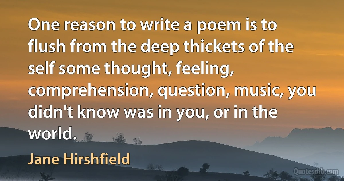 One reason to write a poem is to flush from the deep thickets of the self some thought, feeling, comprehension, question, music, you didn't know was in you, or in the world. (Jane Hirshfield)