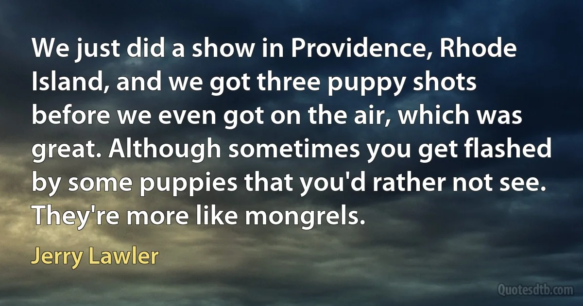 We just did a show in Providence, Rhode Island, and we got three puppy shots before we even got on the air, which was great. Although sometimes you get flashed by some puppies that you'd rather not see. They're more like mongrels. (Jerry Lawler)