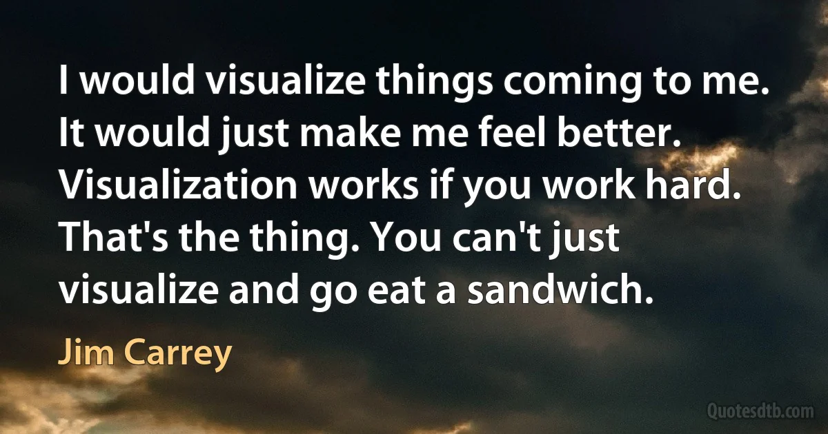 I would visualize things coming to me. It would just make me feel better. Visualization works if you work hard. That's the thing. You can't just visualize and go eat a sandwich. (Jim Carrey)