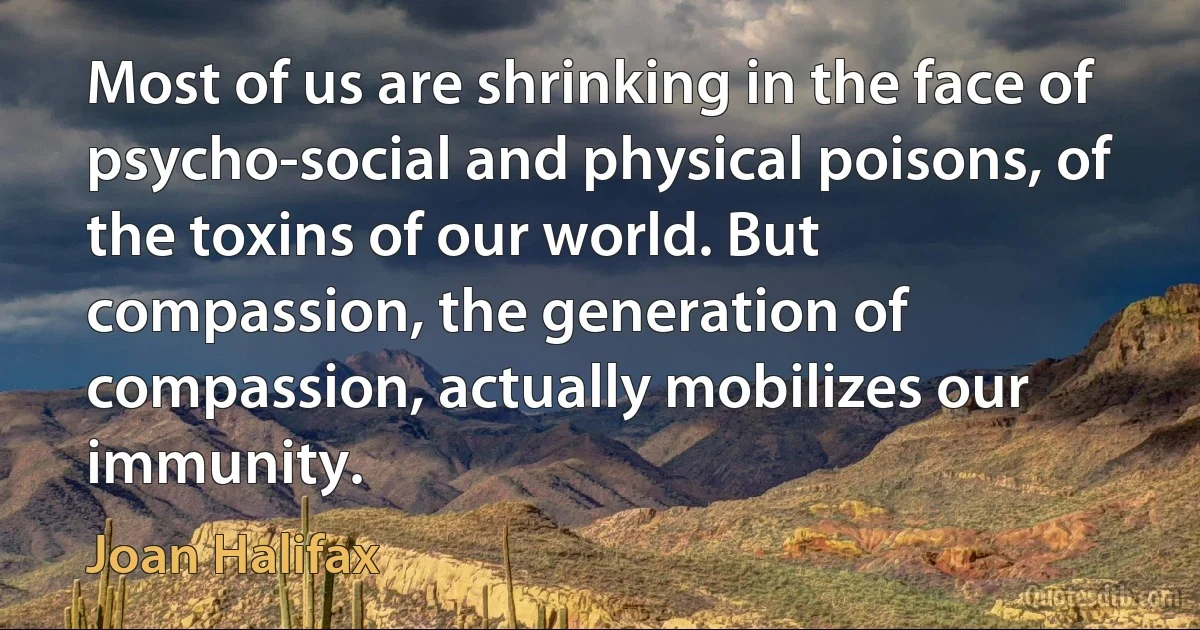 Most of us are shrinking in the face of psycho-social and physical poisons, of the toxins of our world. But compassion, the generation of compassion, actually mobilizes our immunity. (Joan Halifax)