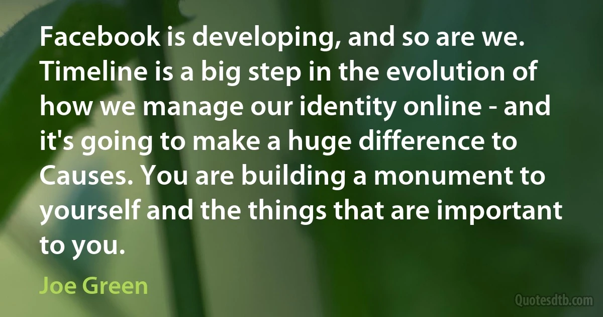 Facebook is developing, and so are we. Timeline is a big step in the evolution of how we manage our identity online - and it's going to make a huge difference to Causes. You are building a monument to yourself and the things that are important to you. (Joe Green)