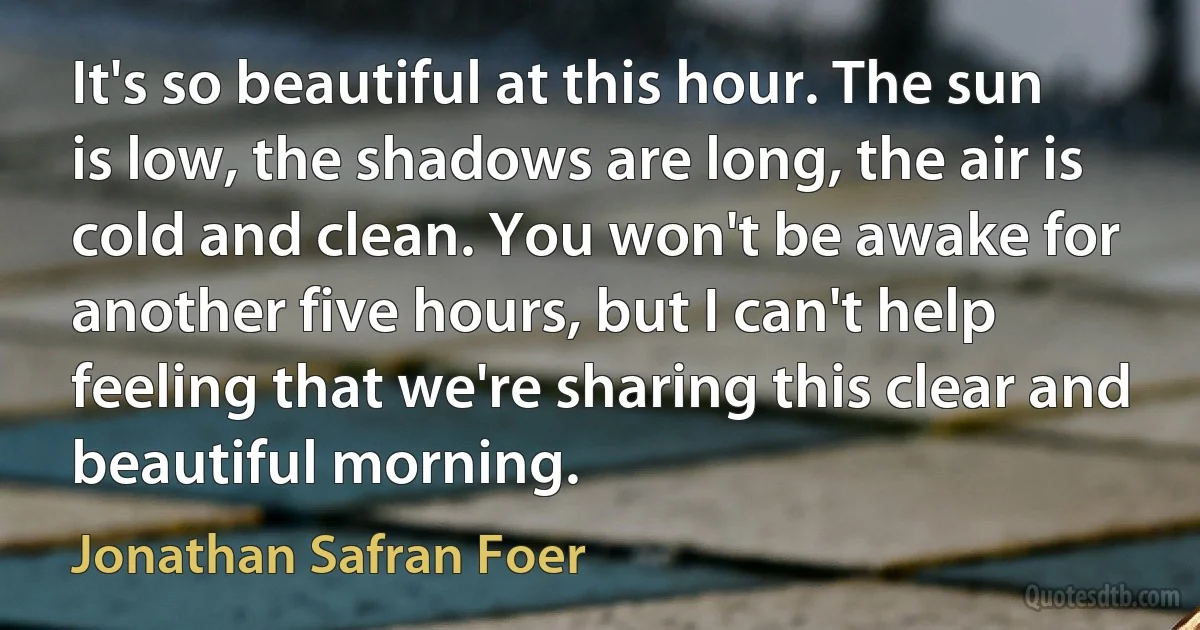 It's so beautiful at this hour. The sun is low, the shadows are long, the air is cold and clean. You won't be awake for another five hours, but I can't help feeling that we're sharing this clear and beautiful morning. (Jonathan Safran Foer)