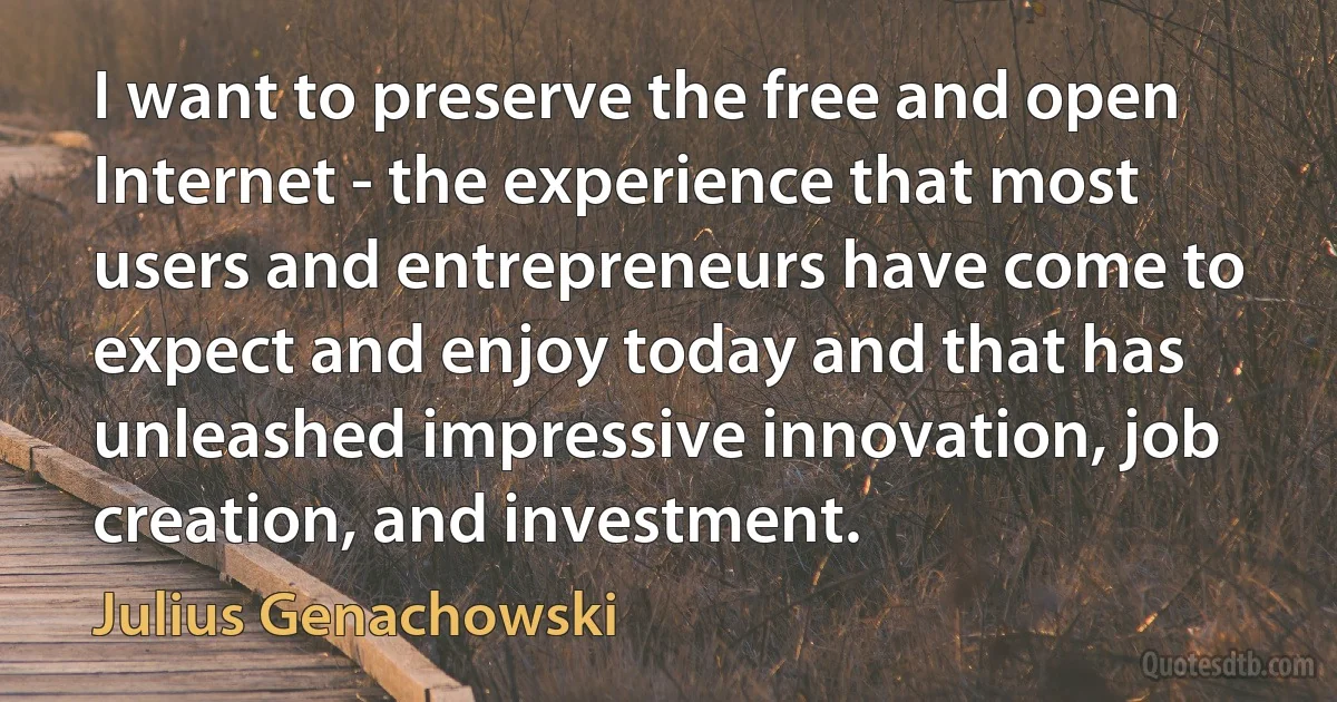 I want to preserve the free and open Internet - the experience that most users and entrepreneurs have come to expect and enjoy today and that has unleashed impressive innovation, job creation, and investment. (Julius Genachowski)