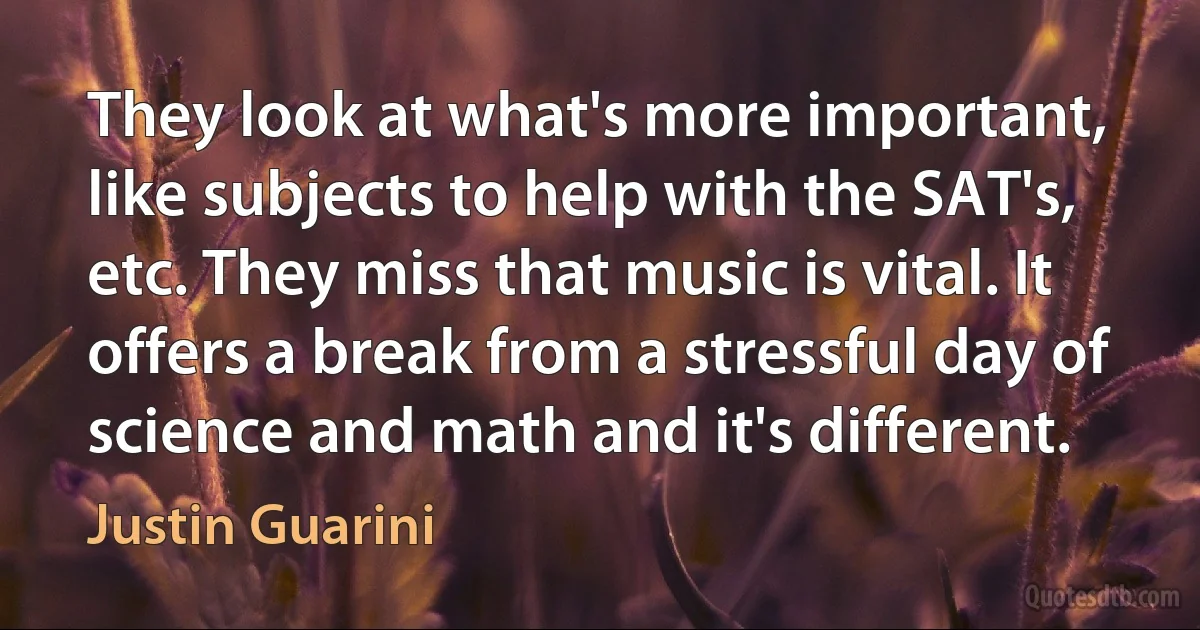 They look at what's more important, like subjects to help with the SAT's, etc. They miss that music is vital. It offers a break from a stressful day of science and math and it's different. (Justin Guarini)