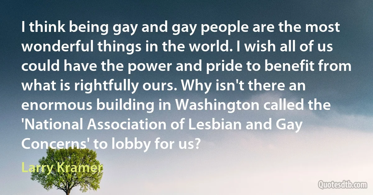 I think being gay and gay people are the most wonderful things in the world. I wish all of us could have the power and pride to benefit from what is rightfully ours. Why isn't there an enormous building in Washington called the 'National Association of Lesbian and Gay Concerns' to lobby for us? (Larry Kramer)