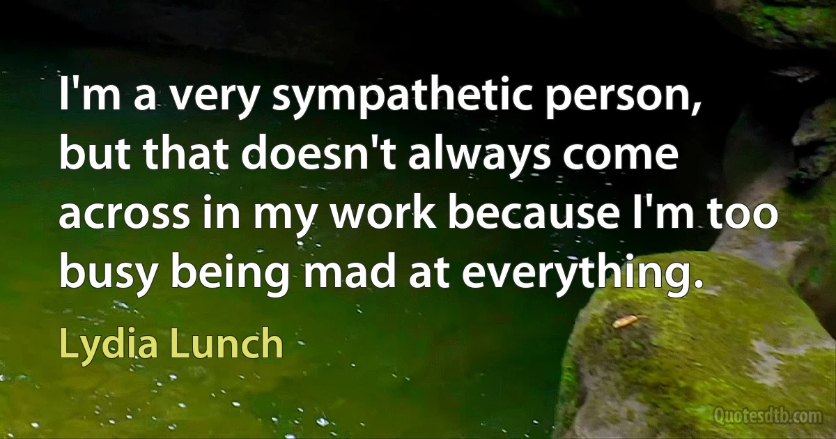 I'm a very sympathetic person, but that doesn't always come across in my work because I'm too busy being mad at everything. (Lydia Lunch)