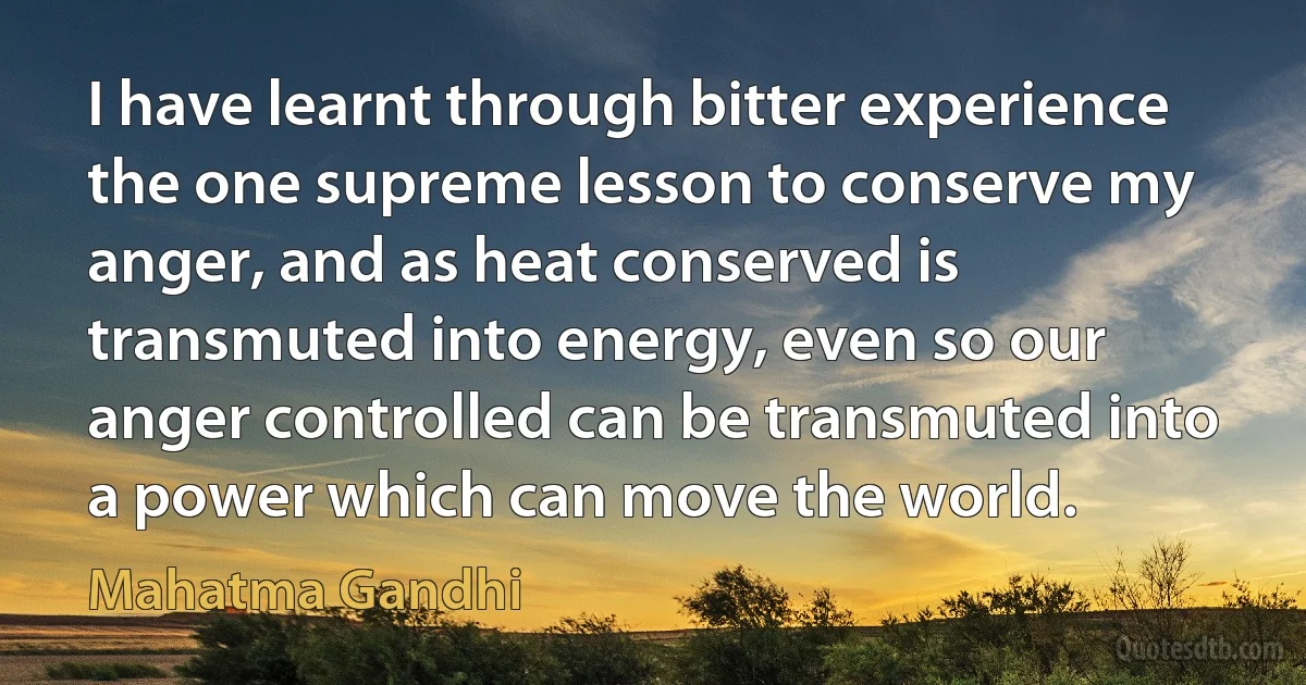 I have learnt through bitter experience the one supreme lesson to conserve my anger, and as heat conserved is transmuted into energy, even so our anger controlled can be transmuted into a power which can move the world. (Mahatma Gandhi)