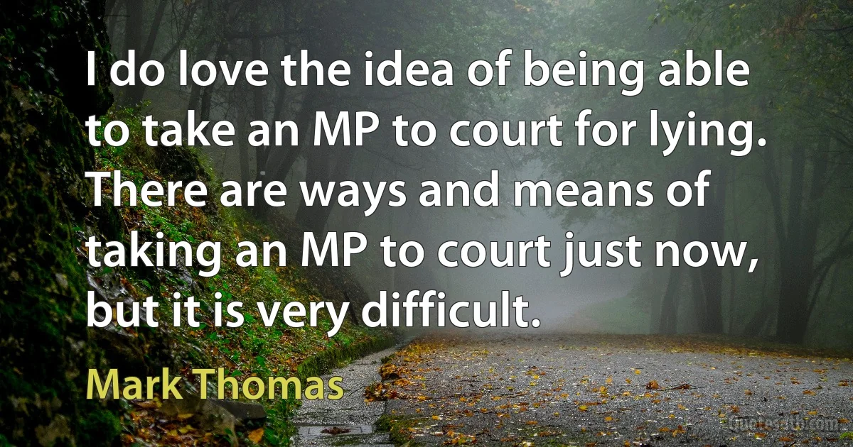 I do love the idea of being able to take an MP to court for lying. There are ways and means of taking an MP to court just now, but it is very difficult. (Mark Thomas)