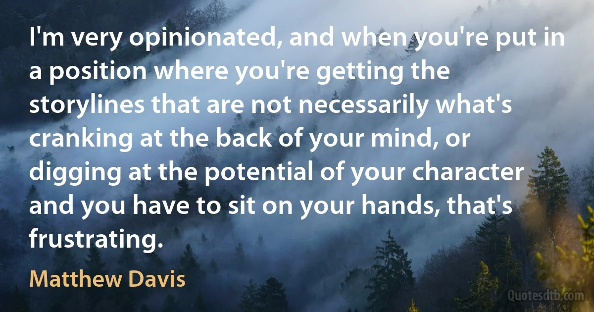 I'm very opinionated, and when you're put in a position where you're getting the storylines that are not necessarily what's cranking at the back of your mind, or digging at the potential of your character and you have to sit on your hands, that's frustrating. (Matthew Davis)