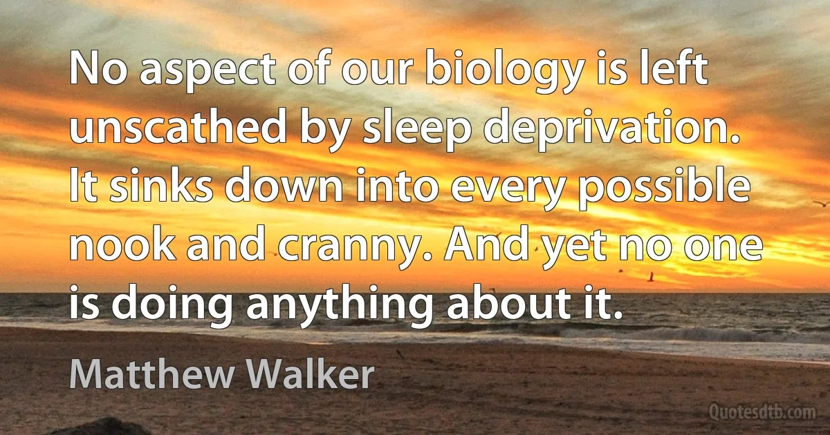 No aspect of our biology is left unscathed by sleep deprivation. It sinks down into every possible nook and cranny. And yet no one is doing anything about it. (Matthew Walker)