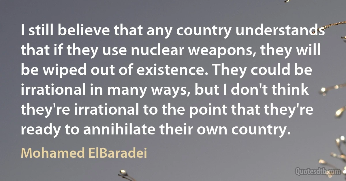 I still believe that any country understands that if they use nuclear weapons, they will be wiped out of existence. They could be irrational in many ways, but I don't think they're irrational to the point that they're ready to annihilate their own country. (Mohamed ElBaradei)