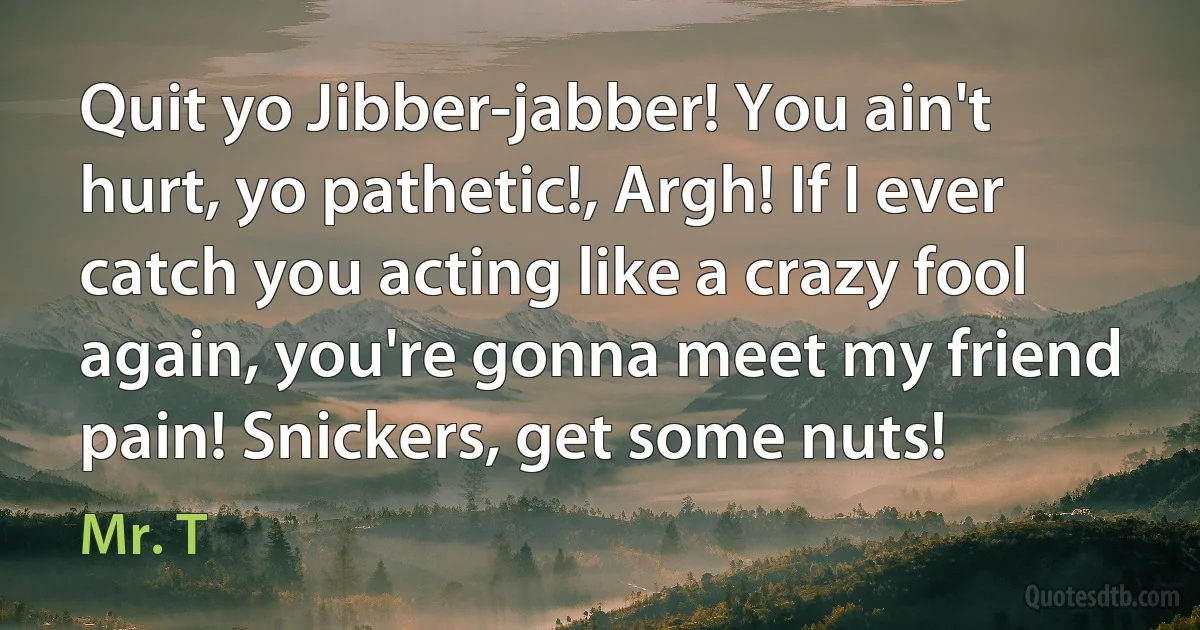 Quit yo Jibber-jabber! You ain't hurt, yo pathetic!, Argh! If I ever catch you acting like a crazy fool again, you're gonna meet my friend pain! Snickers, get some nuts! (Mr. T)