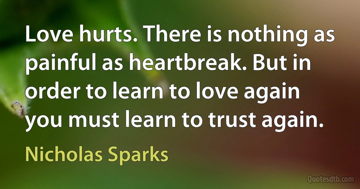 Love hurts. There is nothing as painful as heartbreak. But in order to learn to love again you must learn to trust again. (Nicholas Sparks)