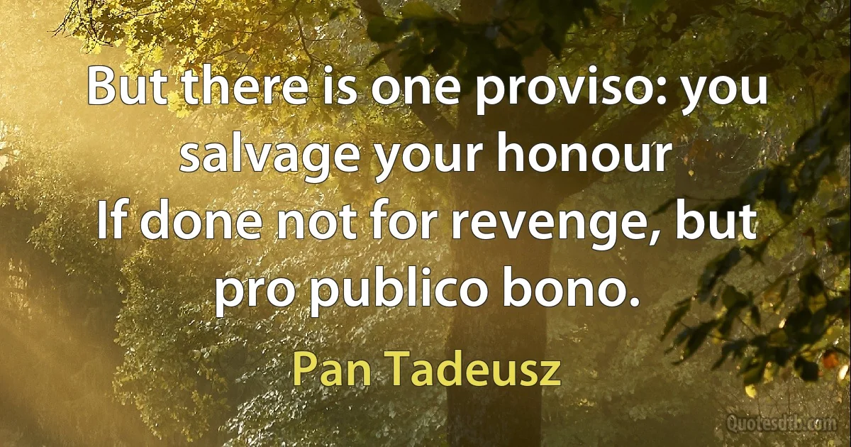 But there is one proviso: you salvage your honour
If done not for revenge, but pro publico bono. (Pan Tadeusz)