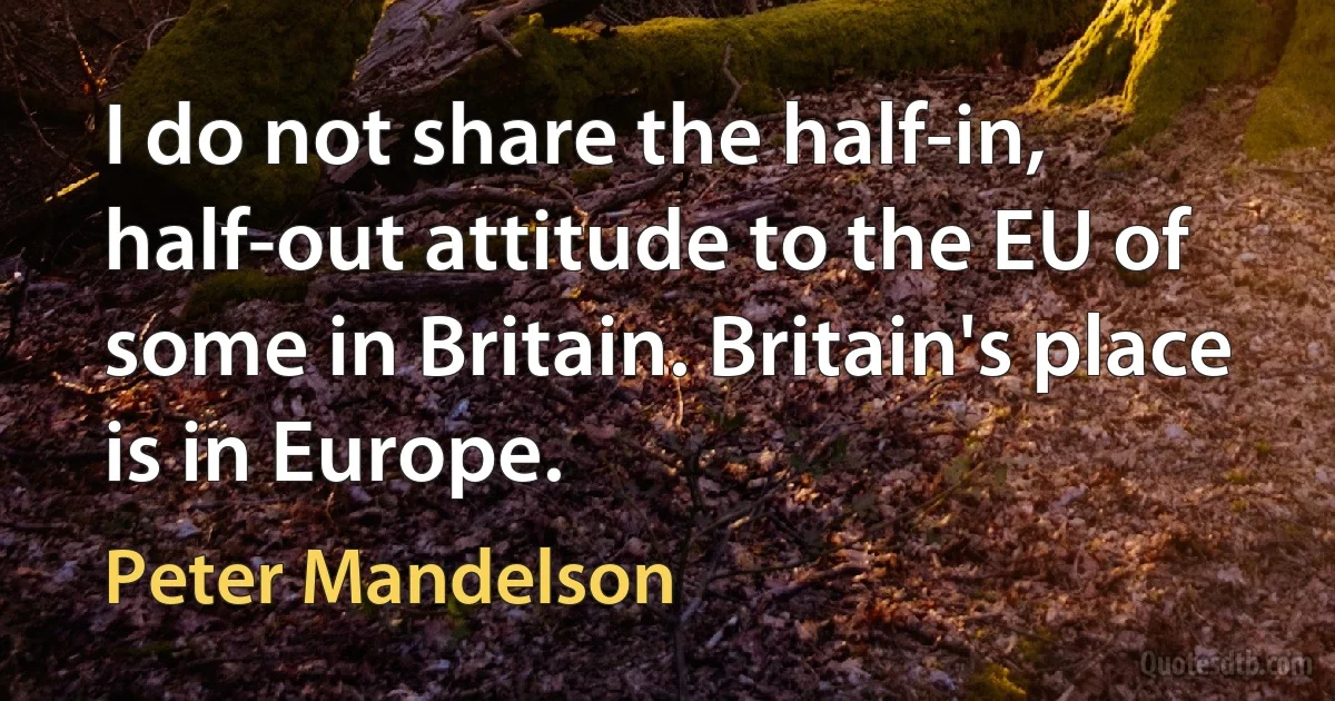 I do not share the half-in, half-out attitude to the EU of some in Britain. Britain's place is in Europe. (Peter Mandelson)