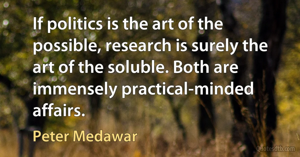 If politics is the art of the possible, research is surely the art of the soluble. Both are immensely practical-minded affairs. (Peter Medawar)