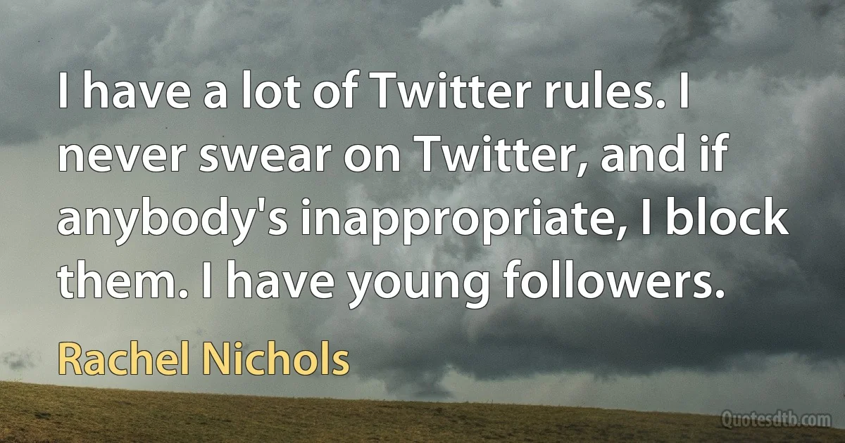 I have a lot of Twitter rules. I never swear on Twitter, and if anybody's inappropriate, I block them. I have young followers. (Rachel Nichols)