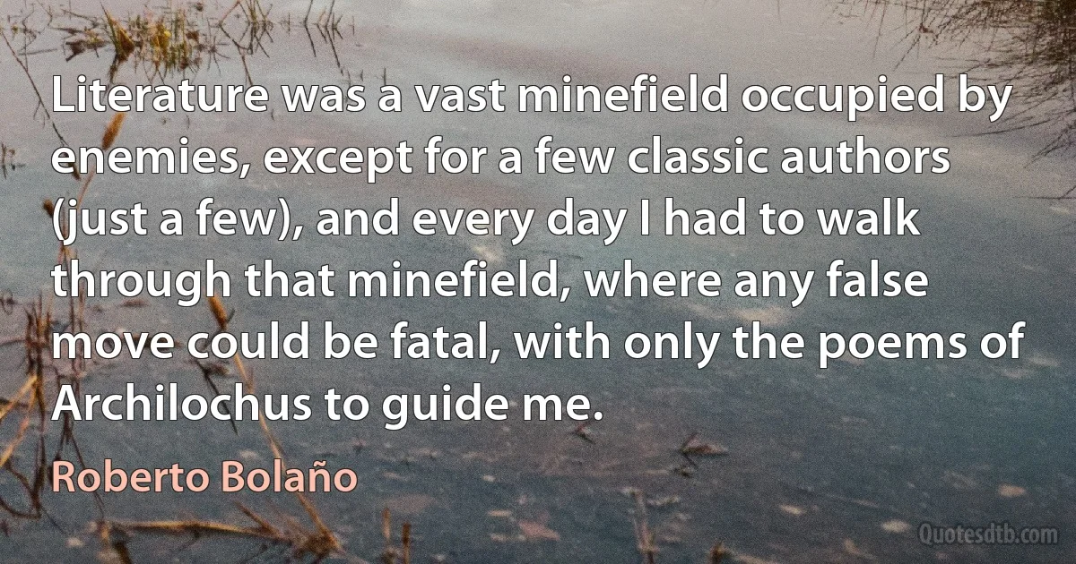 Literature was a vast minefield occupied by enemies, except for a few classic authors (just a few), and every day I had to walk through that minefield, where any false move could be fatal, with only the poems of Archilochus to guide me. (Roberto Bolaño)
