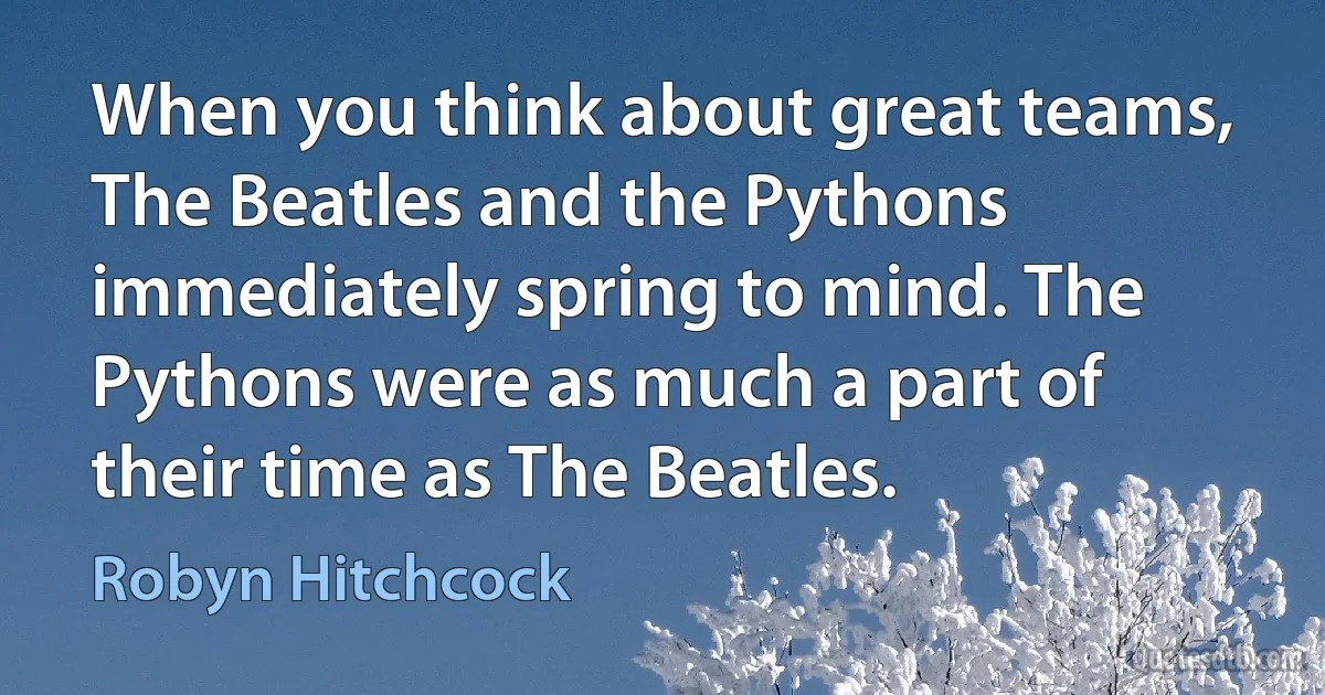 When you think about great teams, The Beatles and the Pythons immediately spring to mind. The Pythons were as much a part of their time as The Beatles. (Robyn Hitchcock)